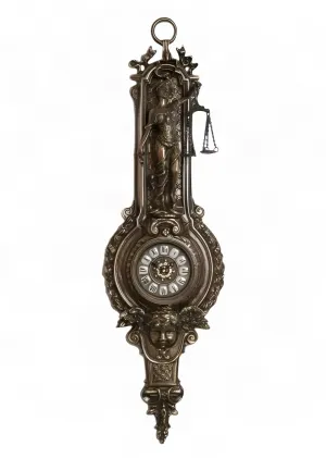 Luxury Antique Bronze Wall Clock with Baroque Lady Justice Relief and Scales Front View by Luxury Group International