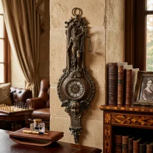 Luxury Antique Bronze Wall Clock with Baroque Lady Justice Relief and Scales Lifestyle View by Luxury Group International