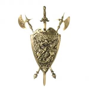 Luxus Antikes Bronze-Wandschild mit mittelalterlichen Schwert- und Streitaxt-Details Vorderansicht von Luxury Group International