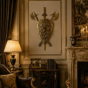 Luxus Antikes Bronze-Wandschild mit mittelalterlichen Schwert- und Streitaxt-Details Lifestyle-Ansicht von Luxury Group International
