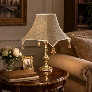 Luxury Antique Gold Table Lamp with Taupe Pagoda Shade and Tassels - Luxury Table Lamp Lifestyle View by Luxury Group International