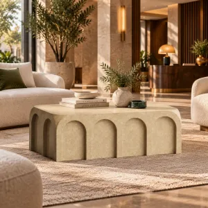 Modern Stone Coffee Table with Sculptural Arch Design for Modern Interiors - Luxury Hotel Furniture Lifestyle View by Luxury Group International