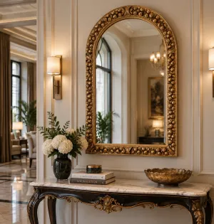 Specchio da parete di lusso ad arco con cornice dorata decorata - Arredamento per hotel di lusso Vista lifestyle di Luxury Group International
