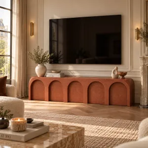 Mueble de TV de Hormigón Arquitectónico de Lujo con Diseño de Arcos Esculturales - Mueble de TV Vista lifestyle por Luxury Group International