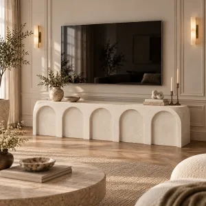 Mueble de TV de Hormigón Arquitectónico de Lujo con Diseño de Arcos Esculturales - Mueble de TV Vista lifestyle por Luxury Group International