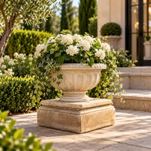 Luxus Architektonischer Gartenpodest mit Vorspringender Quadratischer Oberseite und Gestufter Basis – Gartendekoration Lifestyle-Ansicht von Luxury Group International