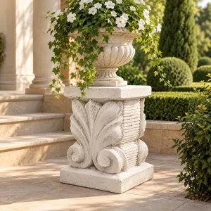 Luxus Architektonischer Sockel mit Akanthusblatt-Relief und Gerippten Paneelen – Gartendekoration Lifestyle-Ansicht von Luxury Group International