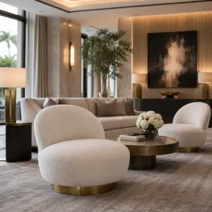 Luxury Swivel Armchair White / Brass 87 x 102 x H. 85 cm - Living Room & Hotel Furniture Lifestyle View by Luxury Group International