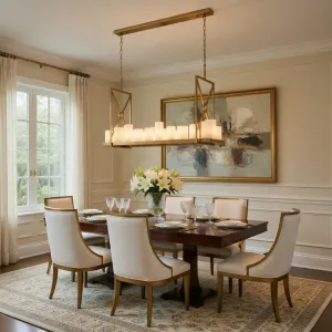 Luxury Art Deco Linear Chandelier in Brushed Brass Gold with Frosted Cylinders Lifestyle View by Luxury Group International