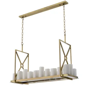 Luxury Art Deco Linear Chandelier in Brushed Brass Gold with Frosted Cylinders Side View by Luxury Group International