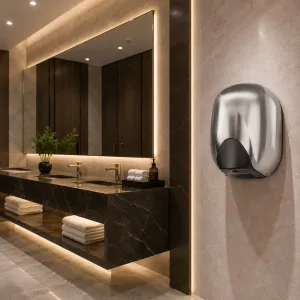 Luxury Automatic Hand Dryer with Eco-Jet Technology & Blue LED Illumination System Lifestyle View by Luxury Group International