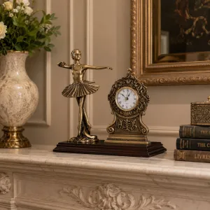 Luxury Ballerina Figurine Bronze Table Clock with Ornate Scrollwork - Luxury Bronze Sculpture Lifestyle View by Luxury Group International