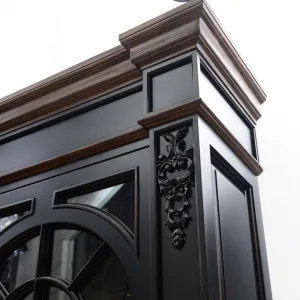 Luxury Baroque Arched Glass Display Cabinet with Carved Floral Detailing & Lower Storage Panel Detail View by Luxury Group International