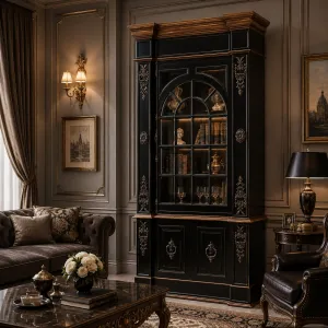 Vitrina de Cristal Arqueada Barroca de Lujo con Detalles Florales Tallados y Panel Inferior de Almacenamiento Vista lifestyle por Luxury Group International