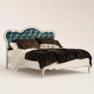 Luxury Baroque Bed with Button-Tufted Sky Blue Velvet Headboard in Ivory Base Frame Front View by Luxury Group International