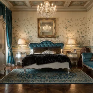 Luxury Baroque Bed with Button-Tufted Sky Blue Velvet Headboard in Ivory Base Frame Lifestyle View by Luxury Group International