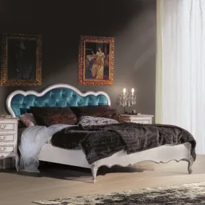 Luxury Baroque Bed with Button-Tufted Sky Blue Velvet Headboard in Ivory Base Frame Lifestyle View by Luxury Group International