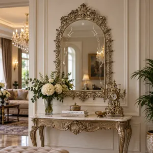 Luxury Baroque Bronze Arched Wall Mirror with Ornamental Openwork Crest - Baroque Mirrors Lifestyle View by Luxury Group International