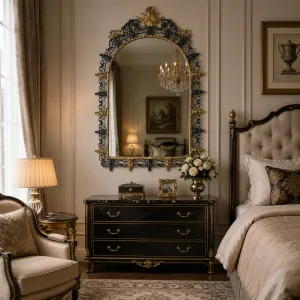 Luxury Baroque Bronze Arched Wall Mirror with Ornamental Openwork Crest - Baroque Mirrors Lifestyle View by Luxury Group International