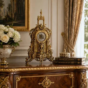 Reloj de Mesa de Cúpula de Bronce Barroco de Lujo con Esfera de Números Romanos en Acabado Dorado Vista lifestyle por Luxury Group International