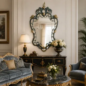 Luxury Baroque Bronze Openwork Cartouche Wall Mirror with Floral Crown Crest - Baroque Mirrors Lifestyle View by Luxury Group International