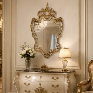 Luxury Baroque Bronze Openwork Cartouche Wall Mirror with Floral Crown Crest - Baroque Mirrors Lifestyle View by Luxury Group International