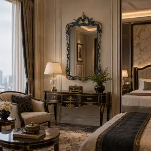 Luxury Baroque Bronze Pierced Scroll Wall Mirror with Acanthus Crown Crest - Baroque Mirrors Lifestyle View by Luxury Group International