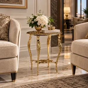 Luxus Barocker Bronze-Runder Beistelltisch mit Durchbrochenem Blumenrosetten-Top & Figürlichen Beinen Lifestyle-Ansicht von Luxury Group International