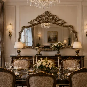 Luxury Baroque Bronze Serpentine Wall Mirror with Foliate Crest - Baroque Mirrors Lifestyle View by Luxury Group International