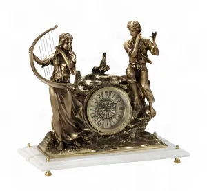 Reloj de Mesa de Bronce Barroco de Lujo con Arpista y Flautista sobre Base de Piedra Blanca por Luxury Group International