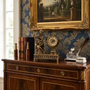 Reloj de Mesa Barroco de Bronce de Lujo con Jugadora de Lira y Pájaros Esculpidos Vista lifestyle por Luxury Group International