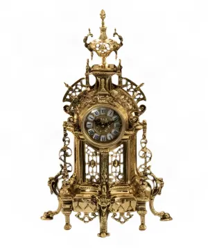 Luxury Baroque Bronze Table Clock with Ornate Urn Crest and Lattice Panels by Luxury Group International