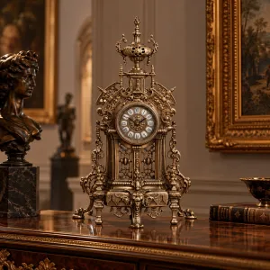 Luxury Baroque Bronze Table Clock with Ornate Urn Crest and Lattice Panels Lifestyle View by Luxury Group International