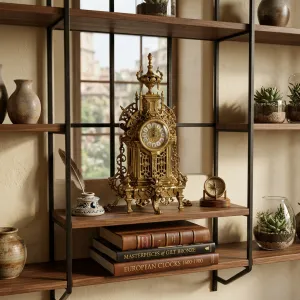 Luxury Baroque Bronze Table Clock with Ornate Urn Crest and Lattice Panels Lifestyle View by Luxury Group International