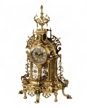 Luxury Baroque Bronze Table Clock with Ornate Urn Crest and Lattice Panels Side View by Luxury Group International