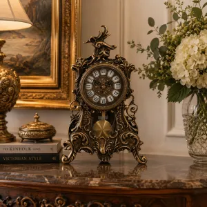 Luxury Baroque Bronze Table Clock with Pendulum and Roman Numeral Dial - Luxury Home Accessories Lifestyle View by Luxury Group International