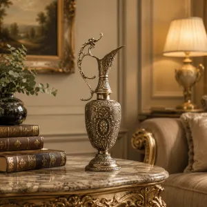 Luxus Barock Bronzevase mit Kannenhals, Ornamentaler Reliefverzierung & Rundem Sockel - Luxusvasen Lifestyle-Ansicht von Luxury Group International