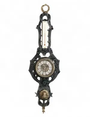 Luxury Baroque Bronze Wall Clock with Thermometer and Sculpted Face Medallion by Luxury Group International