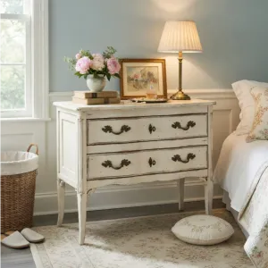 Luxury Baroque Chest of Drawers with Curved Front Profile - 2 Drawer Storage - White/Black/Pink Finishes Lifestyle View by Luxury Group International