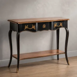 Luxury Baroque Console Table with Curved Legs in Black Lacquer and Walnut Finish Front View by Luxury Group International