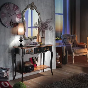 Luxury Baroque Console Table with Curved Legs in Black Lacquer and Walnut Finish Lifestyle View by Luxury Group International