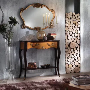 Luxury Baroque Console Table with Decorative Center Drawer in Dark Walnut and Honey Finish Lifestyle View by Luxury Group International