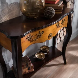 Luxury Baroque Console Table with Decorative Center Drawer in Dark Walnut and Honey Finish Top View by Luxury Group International