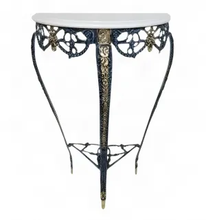 Luxus Barock-Konsole mit Halbmond-Marmorplatte auf kunstvollem Bronze-Gestell – Luxus-Konsole von Luxury Group International