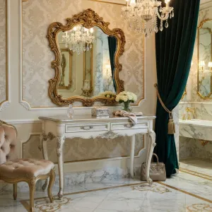 Luxury Baroque Console Table with Twin Drawers in Antique Ivory Finish Lifestyle View by Luxury Group International