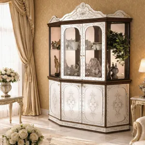 Luxus Barock Vitrinenschrank mit Gravierten Blumenglas-Türen & Unteren Aufbewahrungsschränken Lifestyle-Ansicht von Luxury Group International