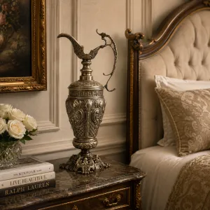 Luxus Barock-Krugvase mit kunstvollem Bronze-Relief und dekorativem Sockel – Luxusvasen Lifestyle-Ansicht von Luxury Group International