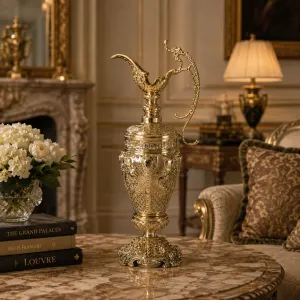 Luxus Barock-Krugvase mit kunstvollem Bronze-Relief und dekorativem Sockel – Luxusvasen Lifestyle-Ansicht von Luxury Group International