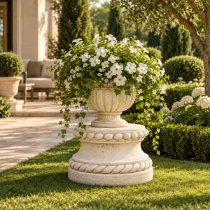 Luxus Barock Gartenpodest mit Perlenrand und gedrehter Seilornamentik – Gartendekoration Lifestyle-Ansicht von Luxury Group International