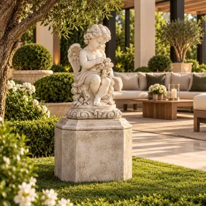 Luxus Barock Gartenpodest mit facettierter Basis und ornamentaler Rankenverzierung Lifestyle-Ansicht von Luxury Group International